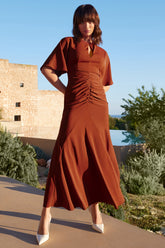 Terracotta Ruched Flutter-Sleeve Cut-Out Maxi Dress